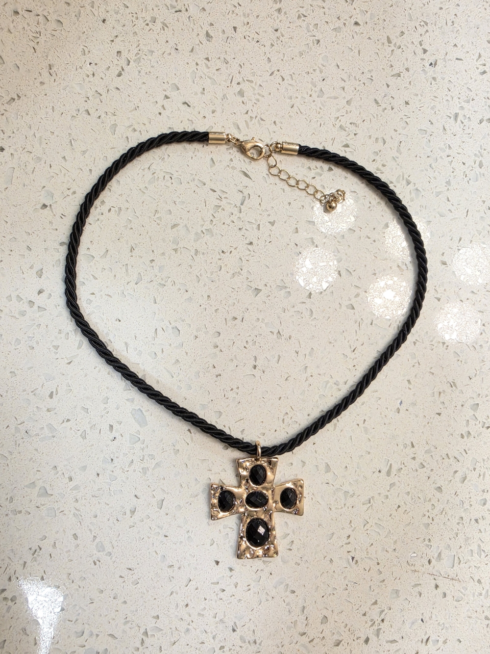 Gold Cross Pendant Necklace with Black Stones - Women Jewelry
